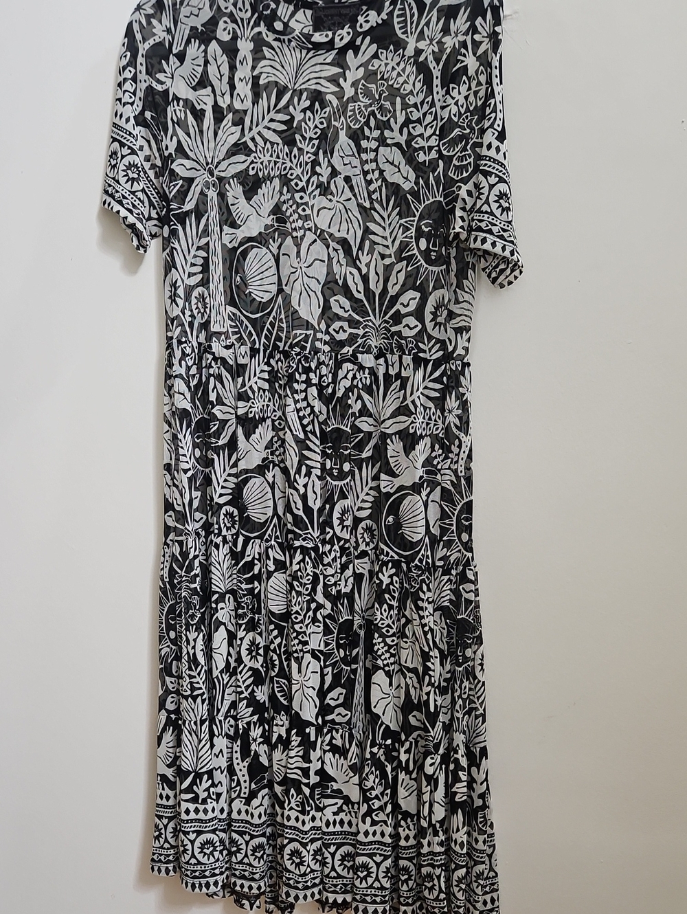 Johnny Was Black & White Botanical Tiered Midi Dress